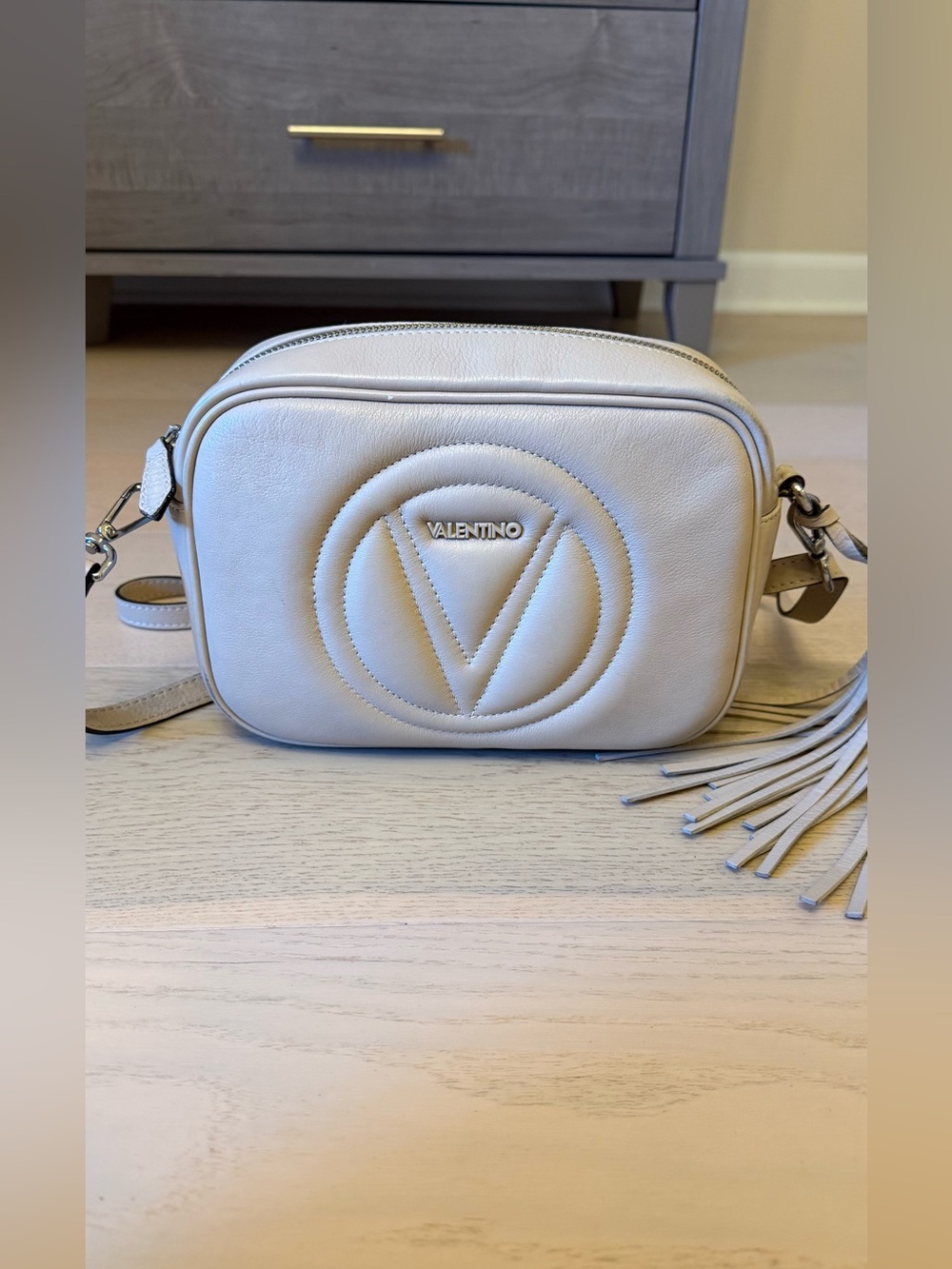Valentino by Mario Valentino Tasseled Crossbody Camera Bag – White/Ecru Leather
